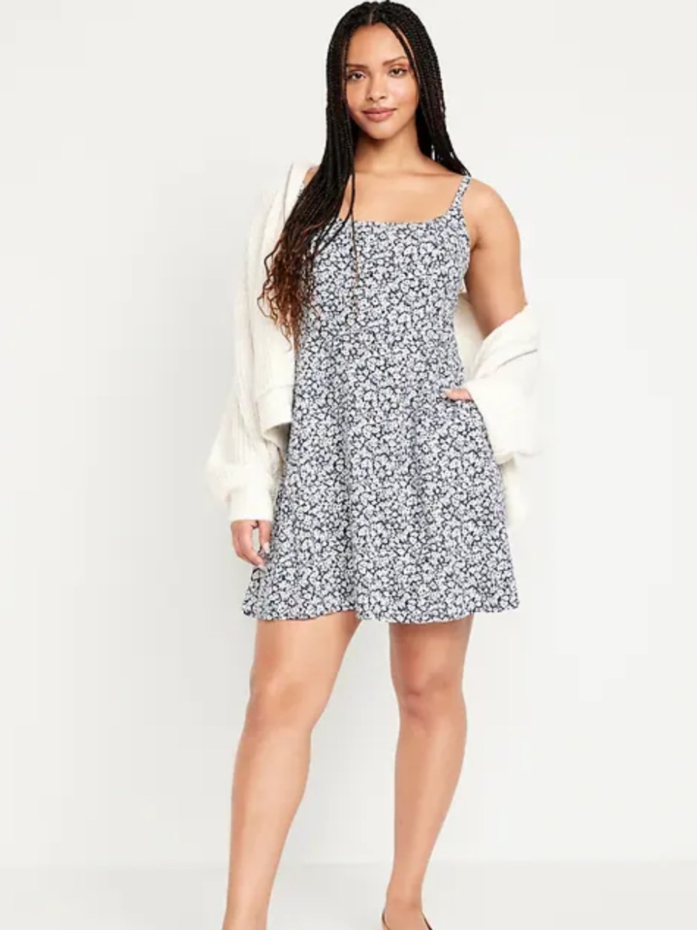 Old Navy Fit N Flare Cami Navy White Sleeveless Linen Blend Pocket Mini Dress